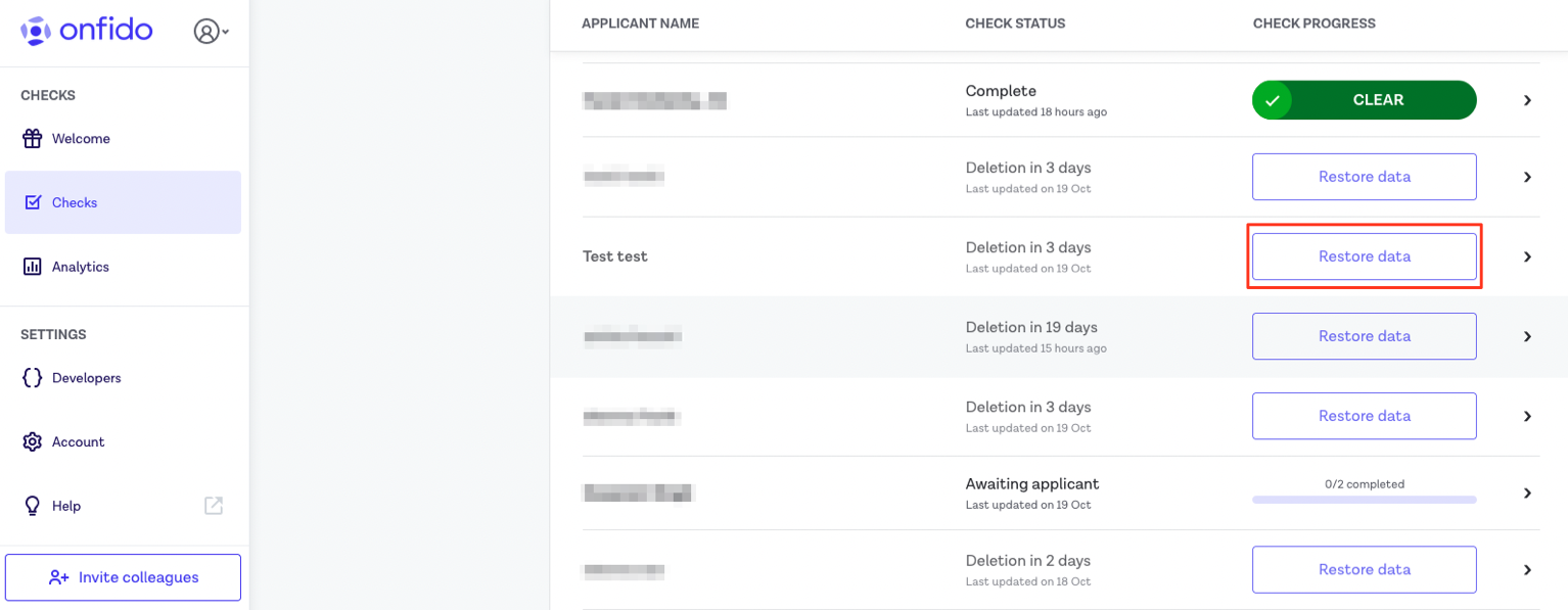 Dashboard - Restoring Applicant Data before Deletion